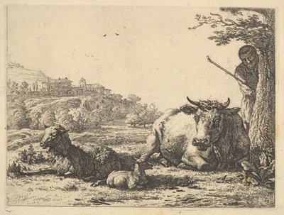 İnek, yetişkin koyun ve genç koyun çimenlerde yatıyor, ötede bir çoban kısmen duruyor ..., 1656. by Karel Du Jardin
