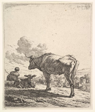 Bir yamaçta inek ve buzağı olan sığır çobanı, arkadan bakıldığında ve ..., 1658