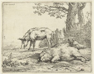 Bir çitin yanında üç yaban domuzu by Karel Du Jardin