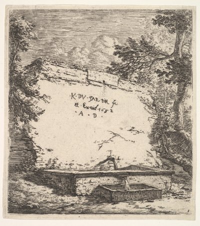 Basamaklı fıskiyeli cephe, su musluğuna su akan bir taş duvar..., 1652. by Karel Du Jardin