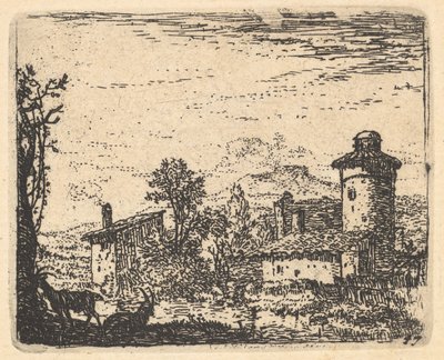 Sol ön planda gölgede iki boynuzlu keçi ile manzara, köy binaları bey..., ca. 1641-78. by Karel Du Jardin