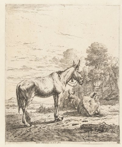 Halter üzerinde çan ve uzanmış iki eşek ile katır by Karel Du Jardin