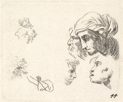 Profil görünümünde kafaların incelenmesi, baş örtülü bir kadın ve kafaları ..., yakl. 1641-78. by Karel Du Jardin