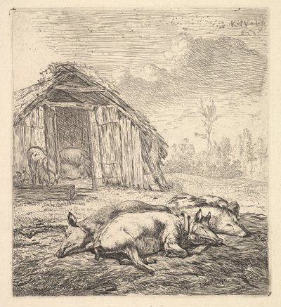 Yanlarında yatan üç domuz, bir domuz ahırı ve ötesinde, 1652. by Karel Du Jardin