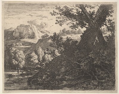 Bir derenin yanında çıplak bırakılmış kökleri olan ağaç, tepelik bir manzara ve q..., 1659