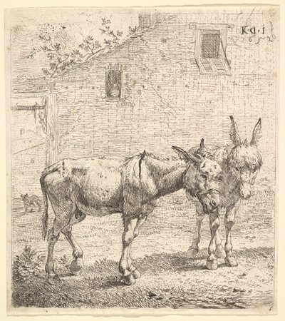 Çimenli bir avluda duran iki eşek, biri sağa, diğeri arkaya dönük profil görünümünde..., 1652. by Karel Du Jardin