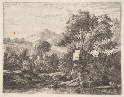 Arkalarında kayalık bir çıkıntı olan bir su kütlesinde ayak bileği derinliğinde duran iki adam, kuzeye..., 1658. by Karel Du Jardin