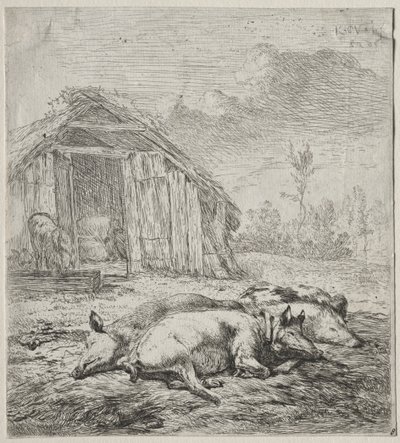 Bir Arpacık Önünde Yatan Üç Domuz. by Karel Dujardin