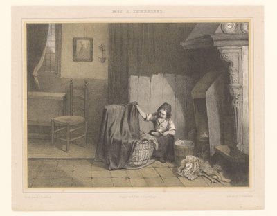 Beşikte bir kızla iç mekan Erken Endişeler by Karel Frederik Bombled