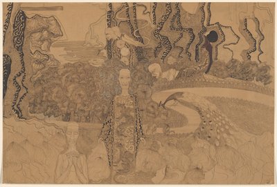 Bir bahçede figürler ve tavus kuşu ile alegorik temsil by Karel de Nerée tot Babberich (signed by artist)