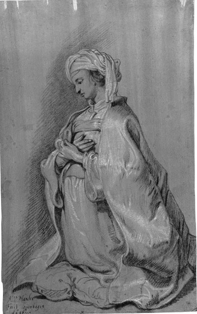 Türbanlı bir yastığın üzerinde diz çökmüş figür. Sola dönük. Eller göğüste katlanmış. by Karel van III Mander