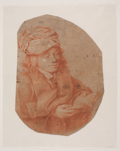 Başına atkı sarılı genç adam okuyor. by Karel van III Mander