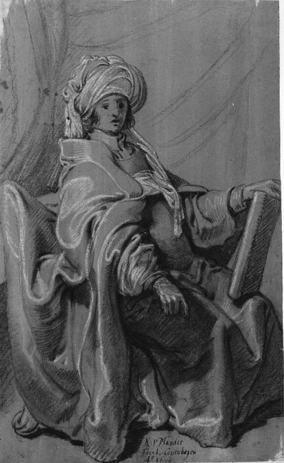 Pelerinli ve sarıklı oturan figür, elinde bir kitap tutuyor. Sağa dönük. by Karel van III Mander