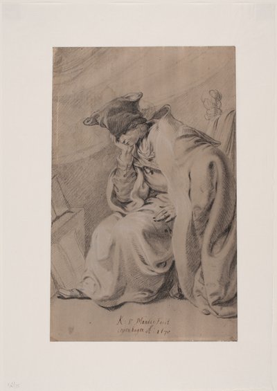 Yanağının altında eli olan düşünceli oturan genç adam. Ceket ve kürk şapka by Karel van III Mander