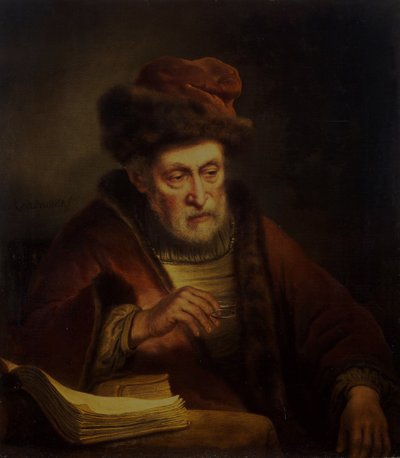 Gözlük tutan yaşlı adam by Karel van der Pluym