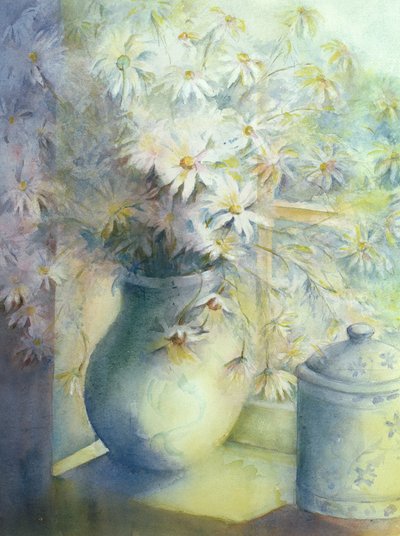 Asterler - Pencere pervazında sürahi içinde Snowsprite by Karen Armitage