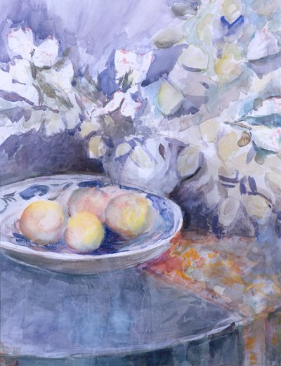 Yuvarlak Masa Üzerinde Delft Tabak (kağıt üzerinde wc) by Karen Armitage
