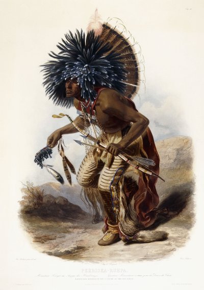 Pehriska-Rupha: Köpek dansı kostümü içinde Moennitarri savaşçısı by Karl (after) Bodmer