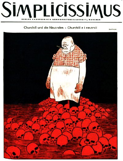 Alman Simplicissimus dergisinin kapağı (yaklaşık) Churchill ile kan ve kafataslarından oluşan bir nehri tasvir ediyor. 1940 civarı (litografi) by Karl Arnold