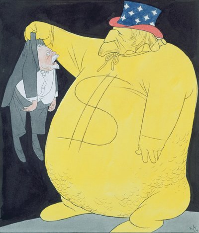 Poincare ile Bir Çuval Dolar Olarak Sam Amca (kağıt üzerine suluboya, kalem ve hint mürekkebi) by Karl Arnold