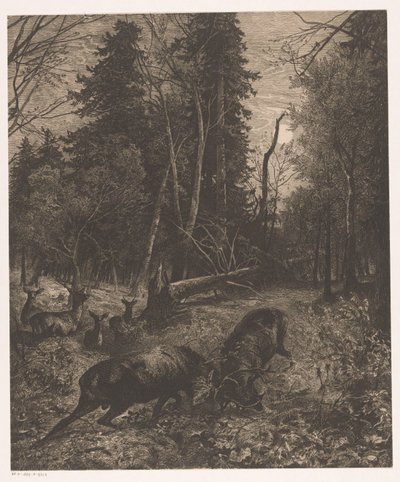 İki dövüş geyiği ile orman manzarası by Karl Bodmer