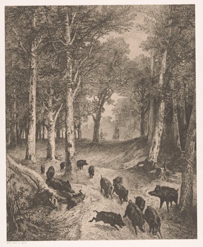At sırtında iki avcıdan kaçan domuz grubu by Karl Bodmer