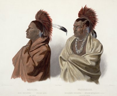 Bir Saki Kızılderilisi olan Massika ve bir Musquake Kızılderilisi olan Wakusasse, J. Hurlimann, 1844 (aquatint) tarafından oyulmuş 'Kuzey Amerika'nın İç kısımlarında Seyahatler'in 2. Cildinden 3. plaka by Karl Bodmer