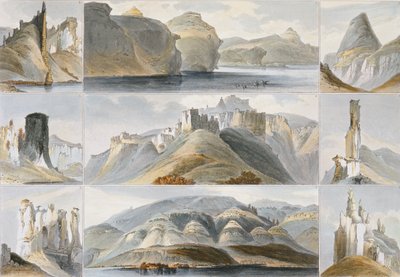 Yukarı Missouri'deki Olağanüstü Tepeler, Friedrich Salathe (1793-1858) 1844 (aquatint) tarafından kazınmış 'Kuzey Amerika'nın İç kısımlarındaki Seyahatler'in 2. Cildinden 34 numaralı levha by Karl Bodmer
