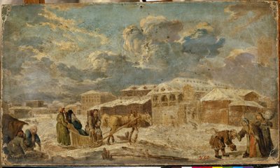 Kışın şehir meydanı (Saint Petersburg). Binalar ve ahşap evler ile kentsel peyzaj. Karl Friedrich Knappe (1745-1808), karton üzerine yağlı boya, 18. yüzyılın ikinci yarısı. alman sanatı by Karl Friedrich Knappe