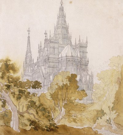 Bauman yakınlarında bir Gotik Katedrali; Ağaçların Arkasında Gotik Bir Katedral, 1814-15 by Karl Friedrich Schinkel