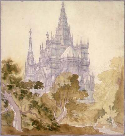 Gotik Kiliseli Ormanlık Bir Manzara (kalem, mürekkep ve sulu boya) by Karl Friedrich Schinkel