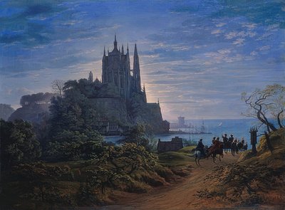 Deniz kenarında bir kayanın üzerinde Gotik kilise. 1815 by Karl Friedrich Schinkel