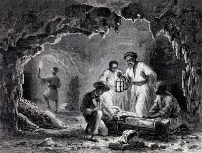 Samoun mağaralarındaki arkeolojik keşifler, Karl Girardet'in (1813-1871) çizimine dayalı gravür by Karl Girardet