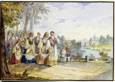 Festival Elbiseli Rus Köylü Kızları. Karl Ivanovich Kolmann (1786-1846), karton üzerine suluboya çalışması by Karl Ivanovich Kolmann