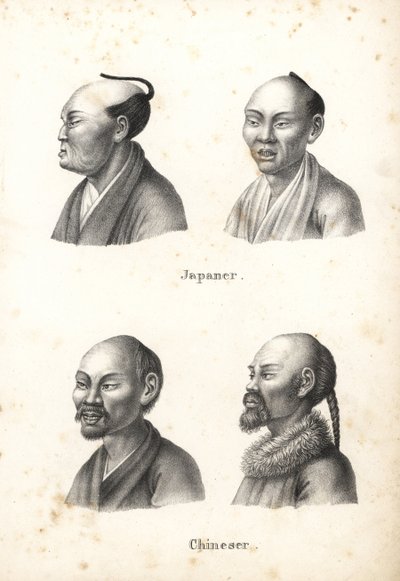Topuzlu saç stiline sahip Japon erkek büstleri ve sakallı, biri saç örgülü Çinli erkeklerin büstleri. Heinrich Rudolf Schinz'in Illustrated Natural History of Men and Animals kitabından Karl Joseph Brodtmann'ın litografisi by Karl Joseph Brodtmann