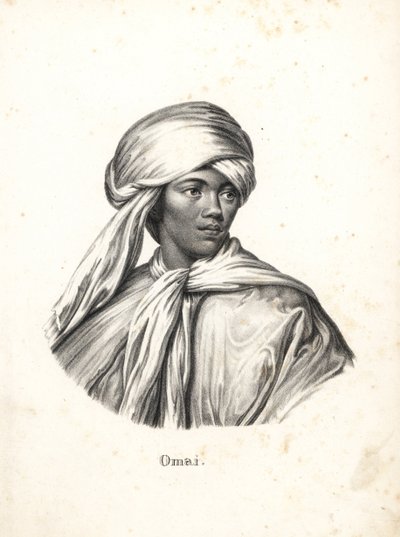 Mai veya Omai, genç Ra'iatean adam, Society Adaları, türbanlı ve pelerinli. Ahu-toru'dan sonra Avrupa'yı ziyaret eden ikinci Pasifik Adalı. Heinrich Rudolf Schinz'in Illustrated Natural History of Men and Animals kitabından Karl Joseph Brod by Karl Joseph Brodtmann