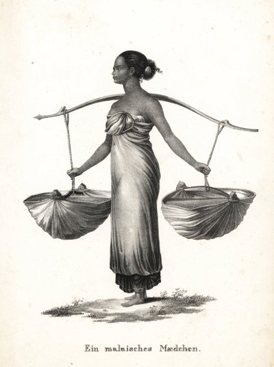 Saçları bir boyunduruktan spor ayakkabı taşıyan Malay kız bağladı. Heinrich Rudolf Schinz'in Illustrated Natural History of Men and Animals kitabından Karl Joseph Brodtmann'ın litografisi by Karl Joseph Brodtmann