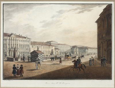 Polis Köprüsü yakınlarındaki Moika Setinin görünümü - Karl Petrovich Beggrov (1799-1875). Litografi, sulu boya by Karl Pavlovich Beggrov