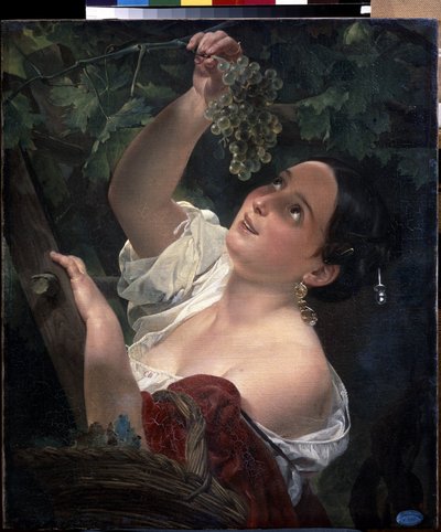 Orta İtalyan günü (İtalyan öğlen). Genç Kadın, Çıplak Omuz, Bir Salkım Üzüm Toplama - Resim Karl Pavlovich Briullov (Briullov) (1799-1852) - Tuval üzerine yağlı boya by Karl Pavlovich Bryullov
