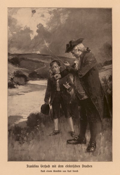 Benjamin Franklin yıldırım araştırması (lito) by Karl Storch