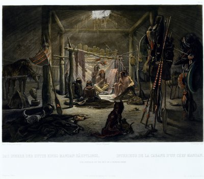 Bir Mandan Şefinin Kulübesinin İçi, Narcisse Edmond Desmadryl (d.1801) tarafından 1835 dolaylarında gravür (aquatint ile gravür) by Karl after Bodmer