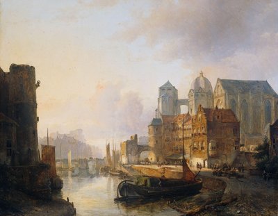 Aachen Katedrali ile Nehir Kenarı Kasabasının Hayali Görünümü by Kasparus Karsen (signed by artist)