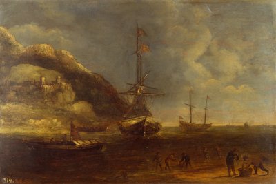 Denizcilik ve Balıkçıların Ön Planda Olduğu Sahil Görünümü (panelde yağ) by Kasper van Eyck