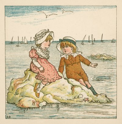 Oğlan ve kız bir kayanın üzerinde mahsur kaldı (renkli taş) by Kate (after) Greenaway
