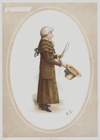 Uzun kahverengi paltolu, peruklu, şapkalı ve av kamçılı çocuk (renkli taş) by Kate (after) Greenaway