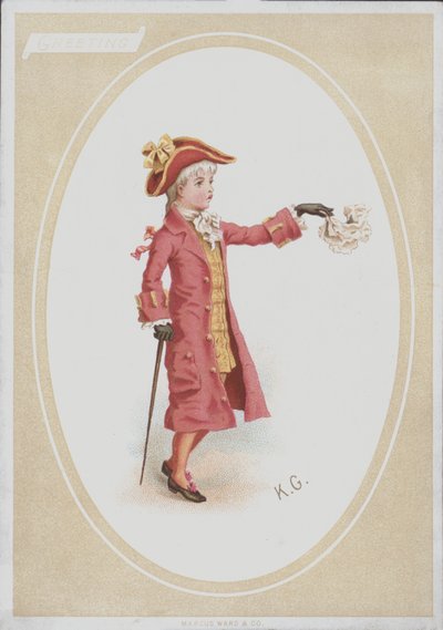 Kırmızı takım elbiseli çocuk, mendil sallıyor (renkli litho) by Kate (after) Greenaway