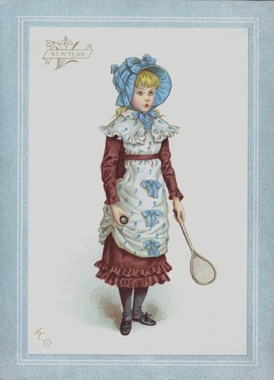 Elbiseli ve boneli kız, elinde raketle ve raketle (renkli taş) by Kate (after) Greenaway
