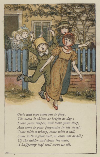Kızlar ve erkekler oynamak için dışarı çıkarlar (renkli taş) by Kate (after) Greenaway