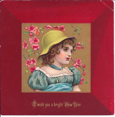 Naiplik kıyafetleri giymiş bir kızın elinde bir buket çiçek tutan Viktorya dönemi Noel kartı, 1880 dolayları by Kate Greenaway