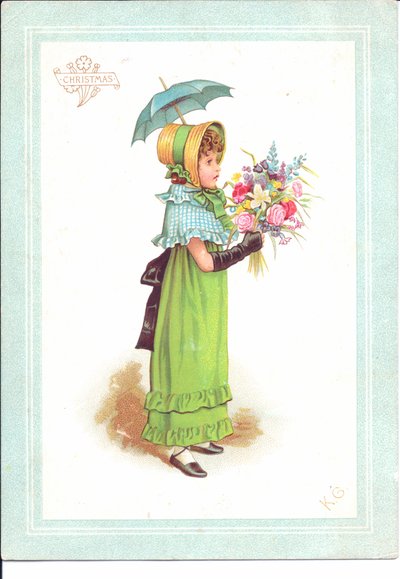 Süslü kostümlü dans eden çocukların Viktorya dönemine ait bir tebrik kartı, 1880 dolayları by Kate Greenaway